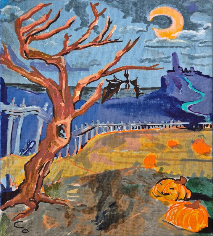 A colorful Halloween painting featuring a twisting bare tree, a glowing crescent moon, distant castle towers, and orange pumpkins along a winding path beneath a cloudy blue sky.