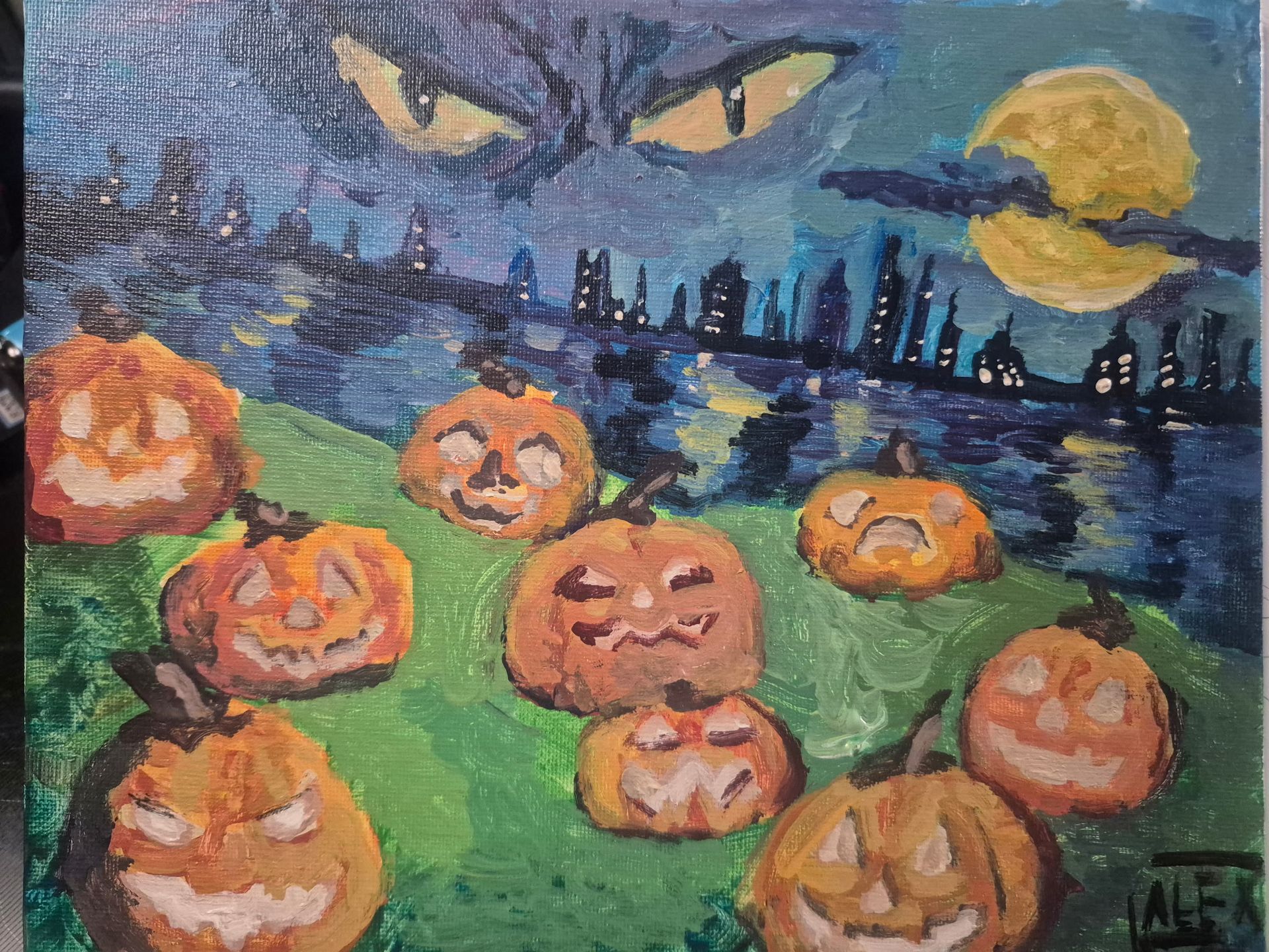Devil's Night in Detroit Halloween pumpkin painting by Alexander Greene at SPOT586 Paint & Puff event