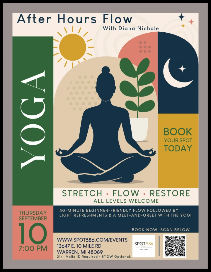 After Hours Flow yoga event with Diana Nichole at Spot 586 in Warren, Michigan